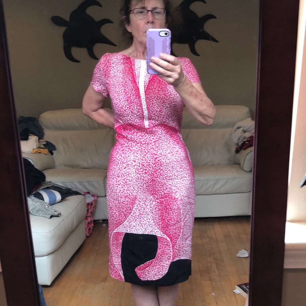 Escada pink/white/black print midi dress